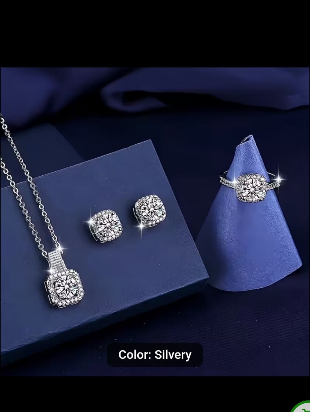 Silver Halo Cushion-Cut Pendant, Ring & Stud Earring Set ( NEW)